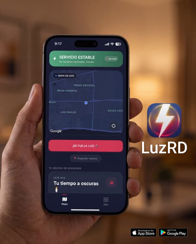 Captura de pantalla de la app LuzRD mostrando el mapa de apagones en República Dominicana