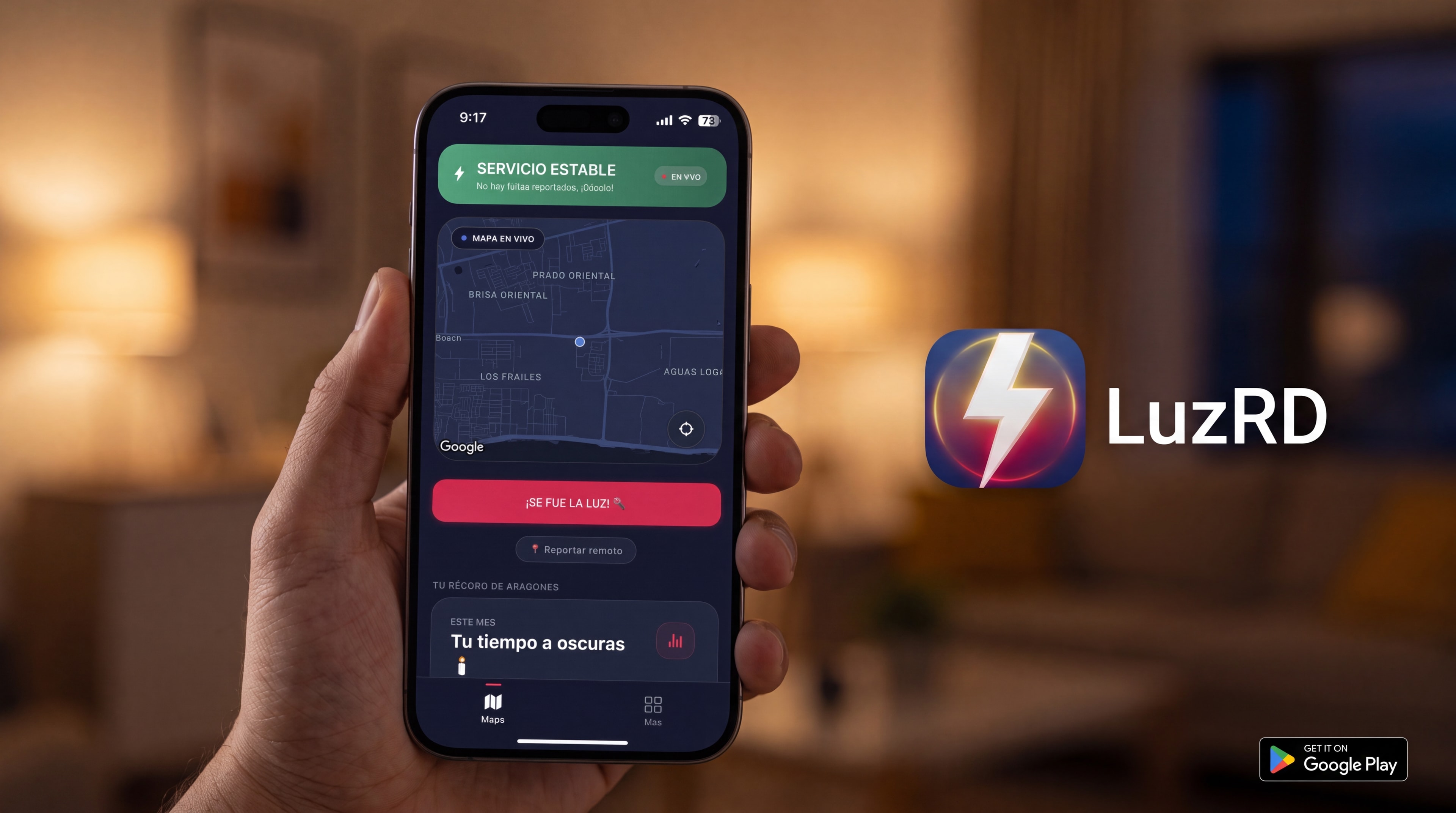 App LuzRD en Android: mapa de apagones en vivo y botón para reportar sin luz